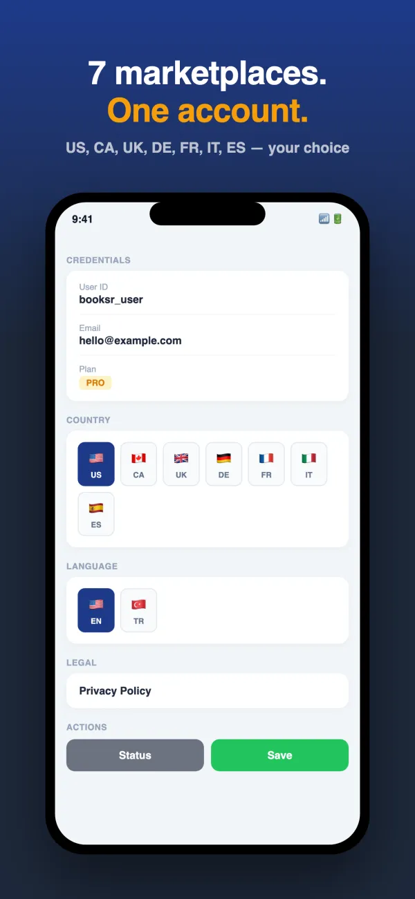 Booksr marketplace picker with 7 Amazon marketplaces