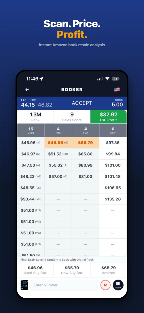 Booksr scan screen showing FBA and FBM prices, sales rank, Sales Score, estimated profit and the list of used and new Amazon offers for a book